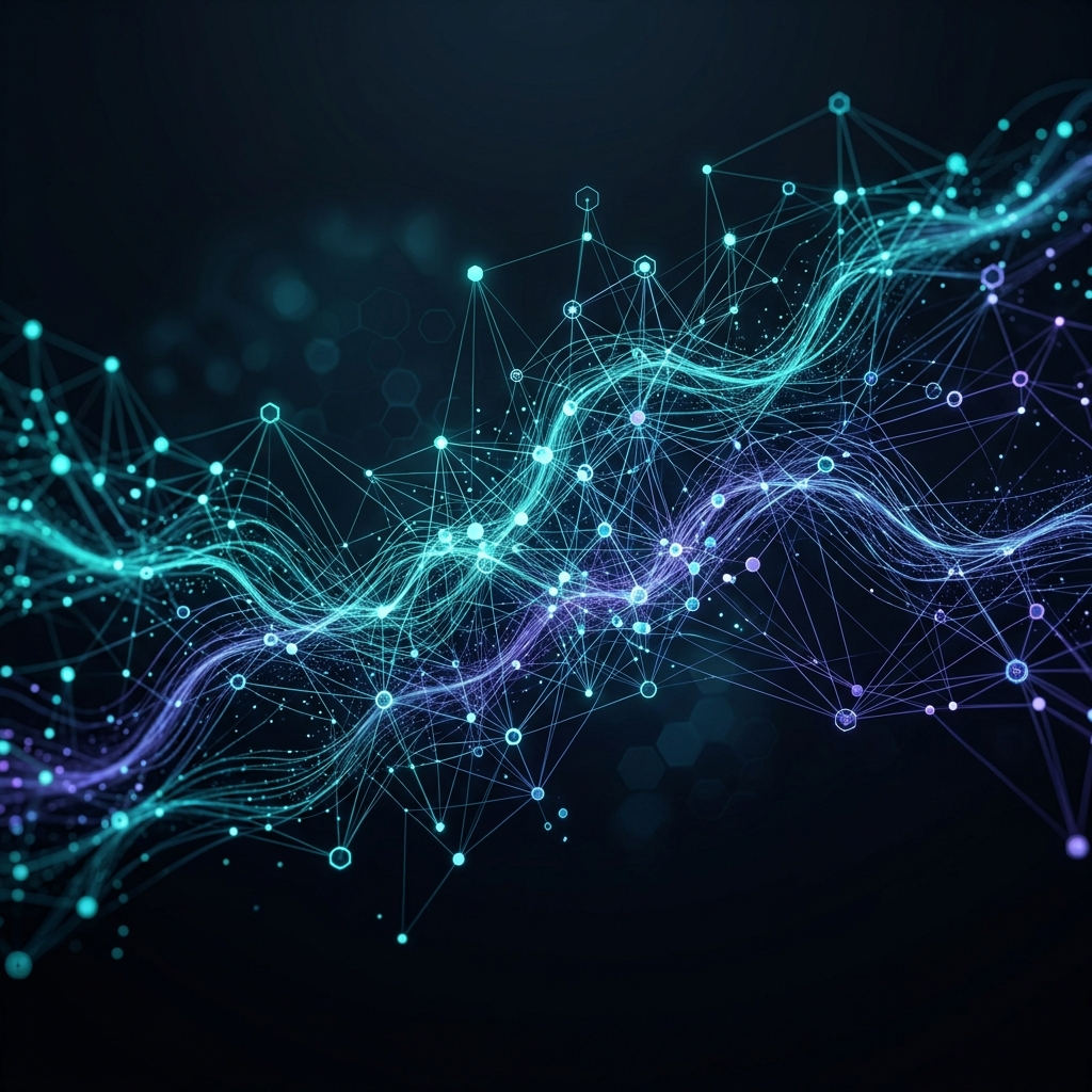 Abstract visualization of connected system nodes and machine learning algorithms